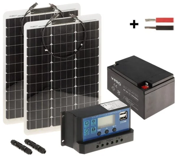 WL4 SOLAR-KIT-260B50-20F complete zonne-energie kit met 12V 26Ah accu, snoer, 2x 50W flexibel zonnepaneel en controller