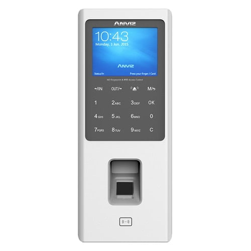 Anviz W2 PRO biometrisch stand alone vingerafdruk en kaart lezer met toegangs- and aanwezigheidscontrole voor binnen met kleuren LCD, deurbelknop, TCP/IP, Wiegand, RS485