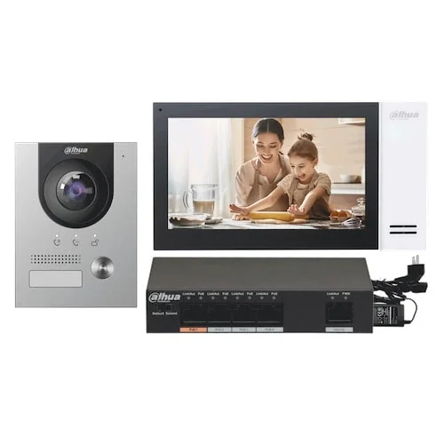 Dahua KTP01L(F) complete IP video deurbel intercom kit met VTO2201F-P-IP en VTH2421FW-P inclusief PoE switch en inbouwbehuizing