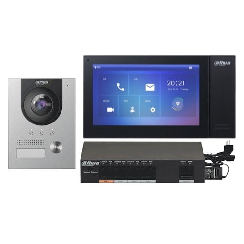 Dahua KTP01L(F)-B complete IP video deurbel intercom kit met VTO2201F-P en VTH2421FB-P inclusief PoE switch en inbouwbehuizing