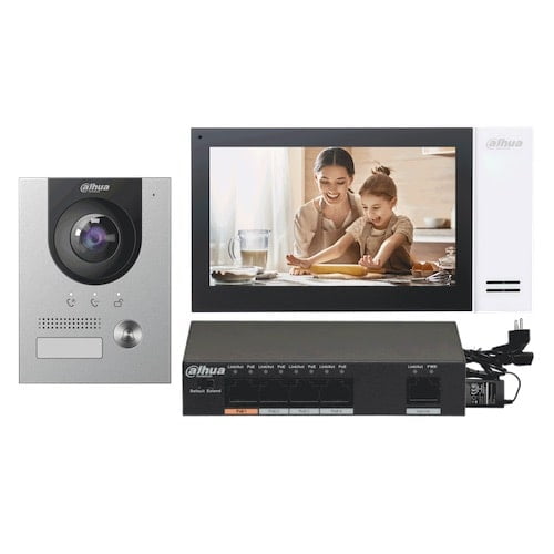 Dahua KTP01L(S) complete IP video deurbel intercom kit met VTO2201F-P en VTH2421FW-P inclusief PoE switch en opbouwbehuizing