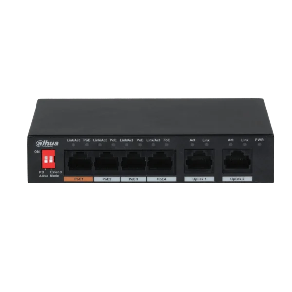 Dahua PFS3006-4ET-60-V2 4 poort 802.3af/at PoE en Hi-PoE switch met 2 uplink poorten en 250m bereik