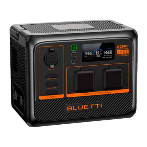 BLUETTI AC60P draagbare accu 504Wh met 12V uitgang, twee 230VAC uitgangen, drie USB poorten en gratis applicatie