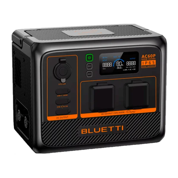 BLUETTI AC60P draagbare accu 504Wh met 12V uitgang, twee 230VAC uitgangen en drie USB poorten en gratis applicatie