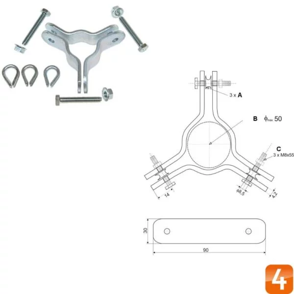 WL4 MTKR-3050 Mastklem voor bevestiging van drie tuikabels voor een telescopische mast